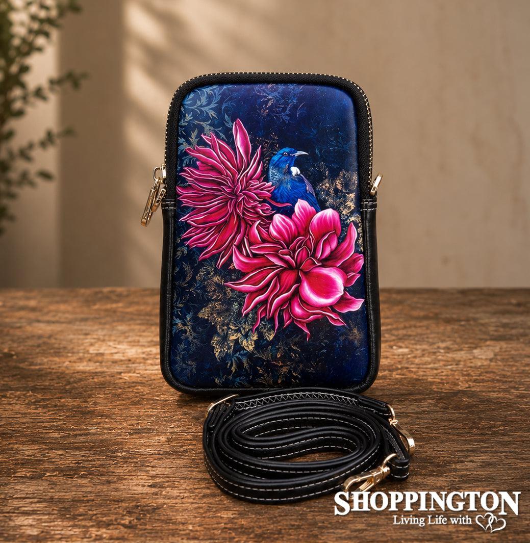 Leather NZ Print Shoulder/Cellphone Bag - Tui In Dahlia's - Anita Madhav