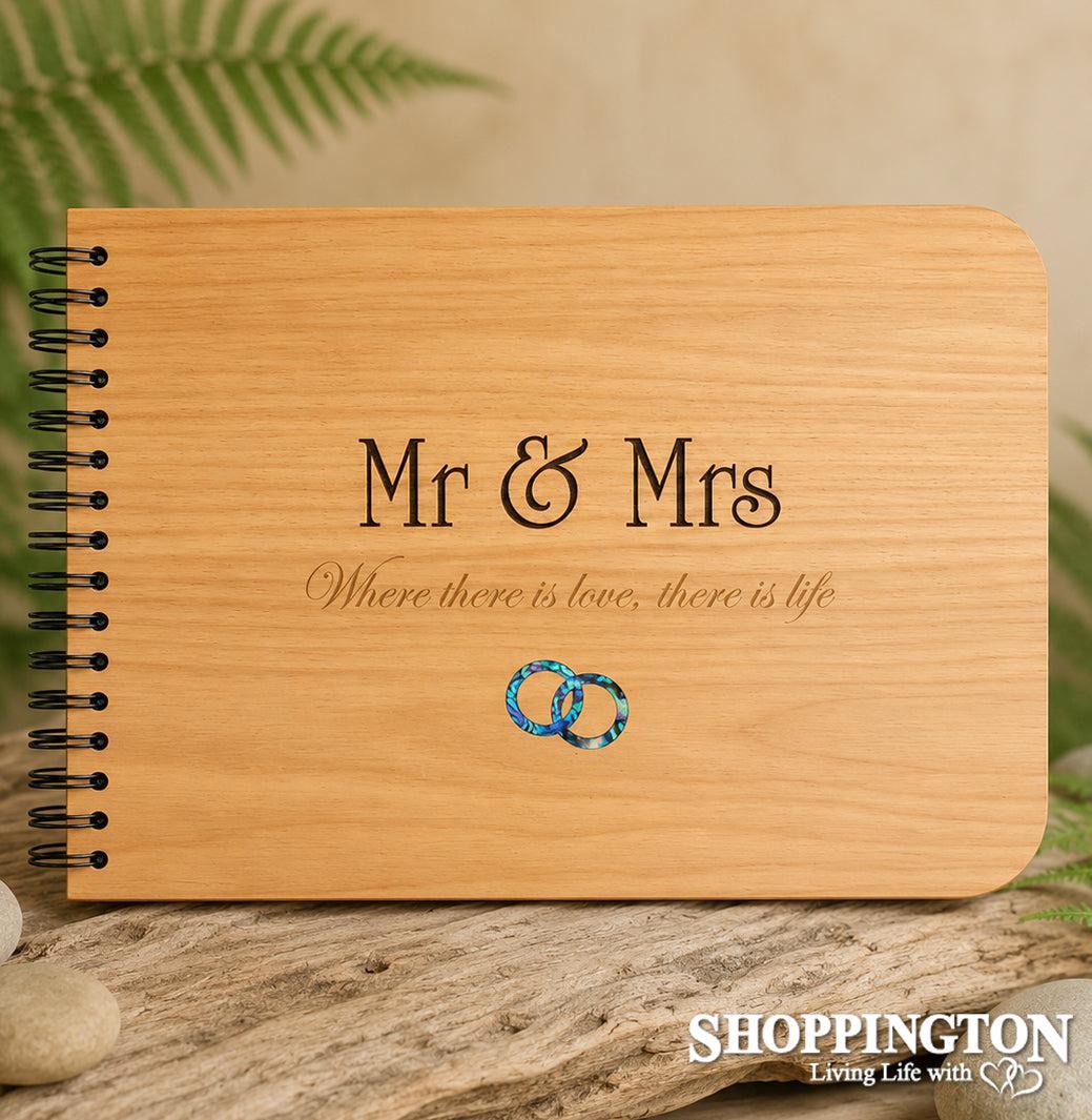NZ Made Wooden Photo Album / Mr & Mrs/ Paua Rings