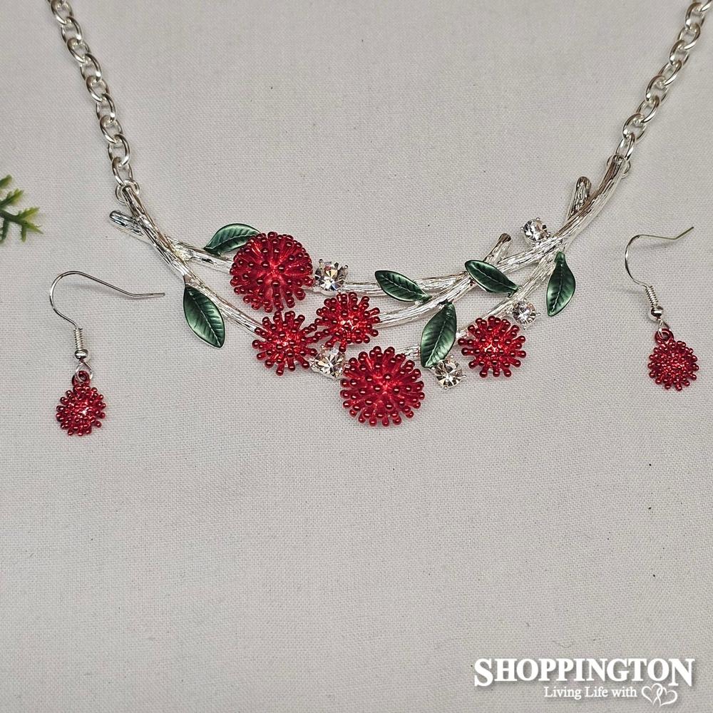 Necklace - Red & Silver Pohutukawa Set