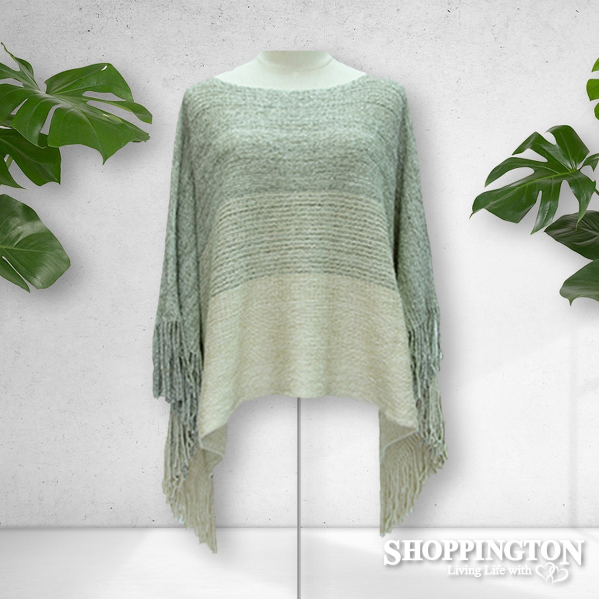 Poncho - Fringed Horizontal Stripe - Cream