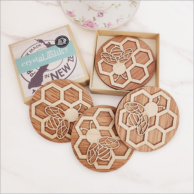 NZ Made Coaster Set Bamboo and Rimu:  Bees