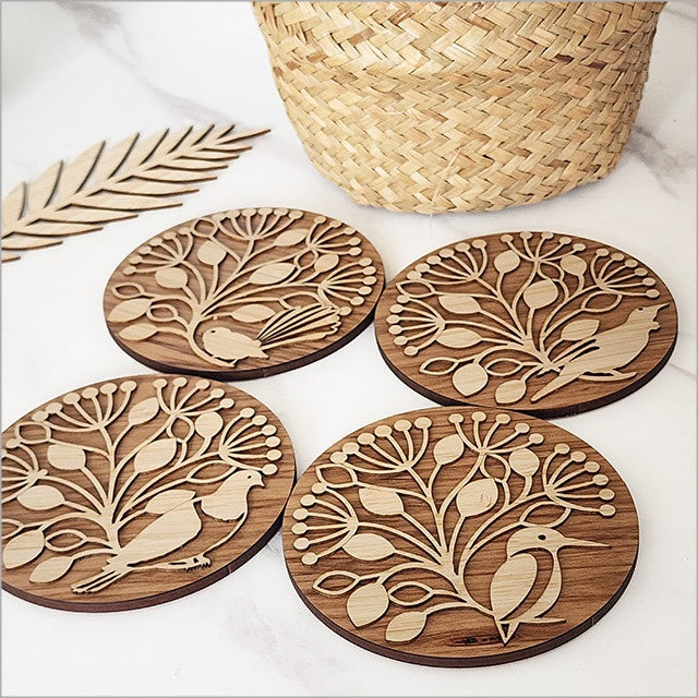 NZ Made Coaster Set Bamboo and Rimu:  Pohutukawa & Birds