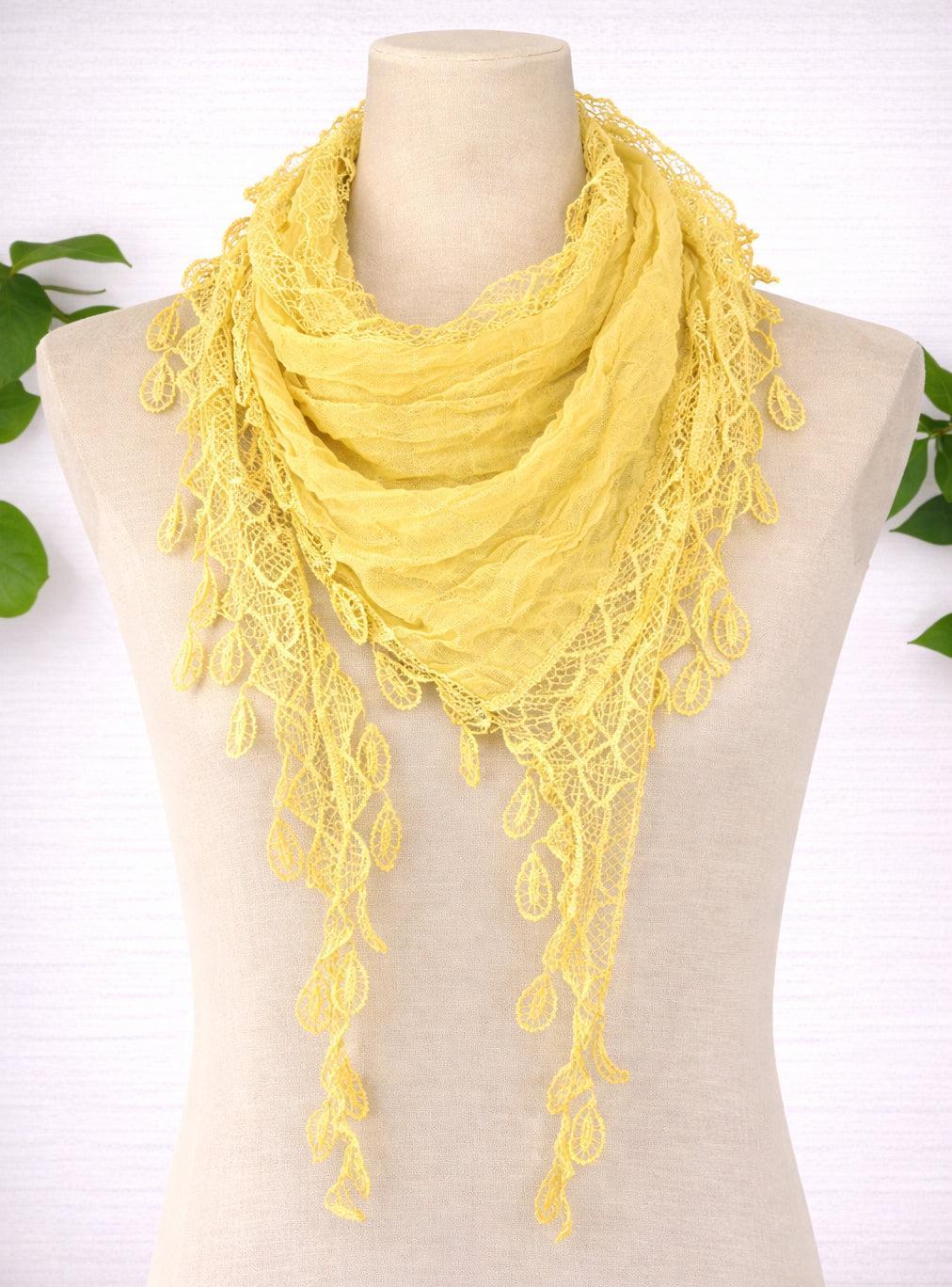 Scarf - Triangle Solid Yellow Lace Trim