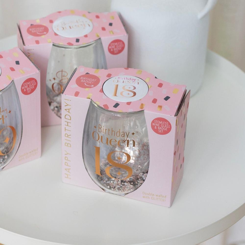 Stemless Glitter Wine Glass & Badge - 18th