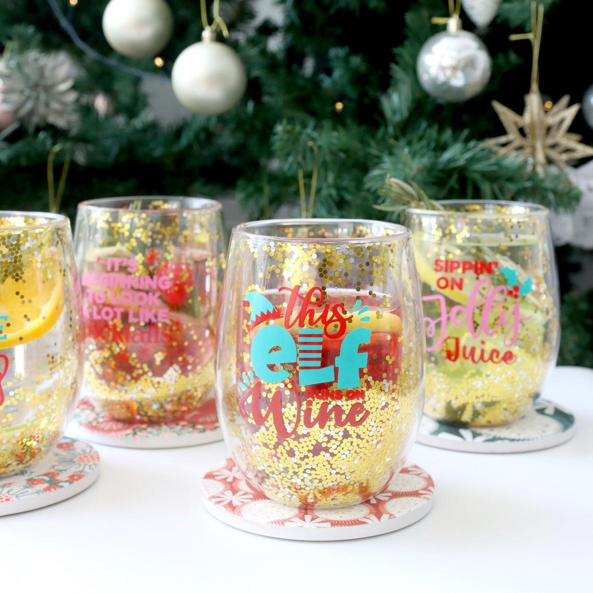 Stemless Glitter Wine Glass - Elf