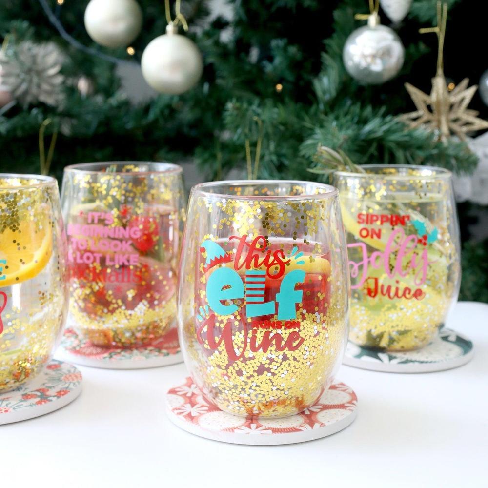 Stemless Glitter Wine Glass - Elf