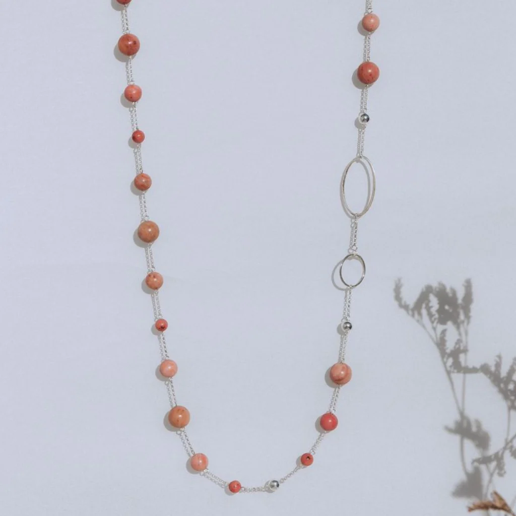 La Pierre - Rhodochrosite Pink Sterling Silver Long Necklace