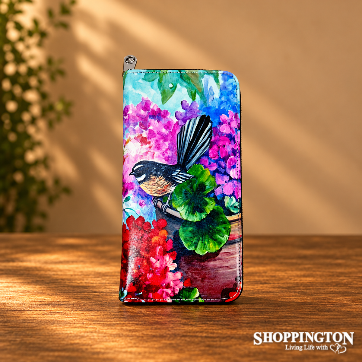Leather NZ Print Wallet - Fantail Pink Long Zip - Irene Velman