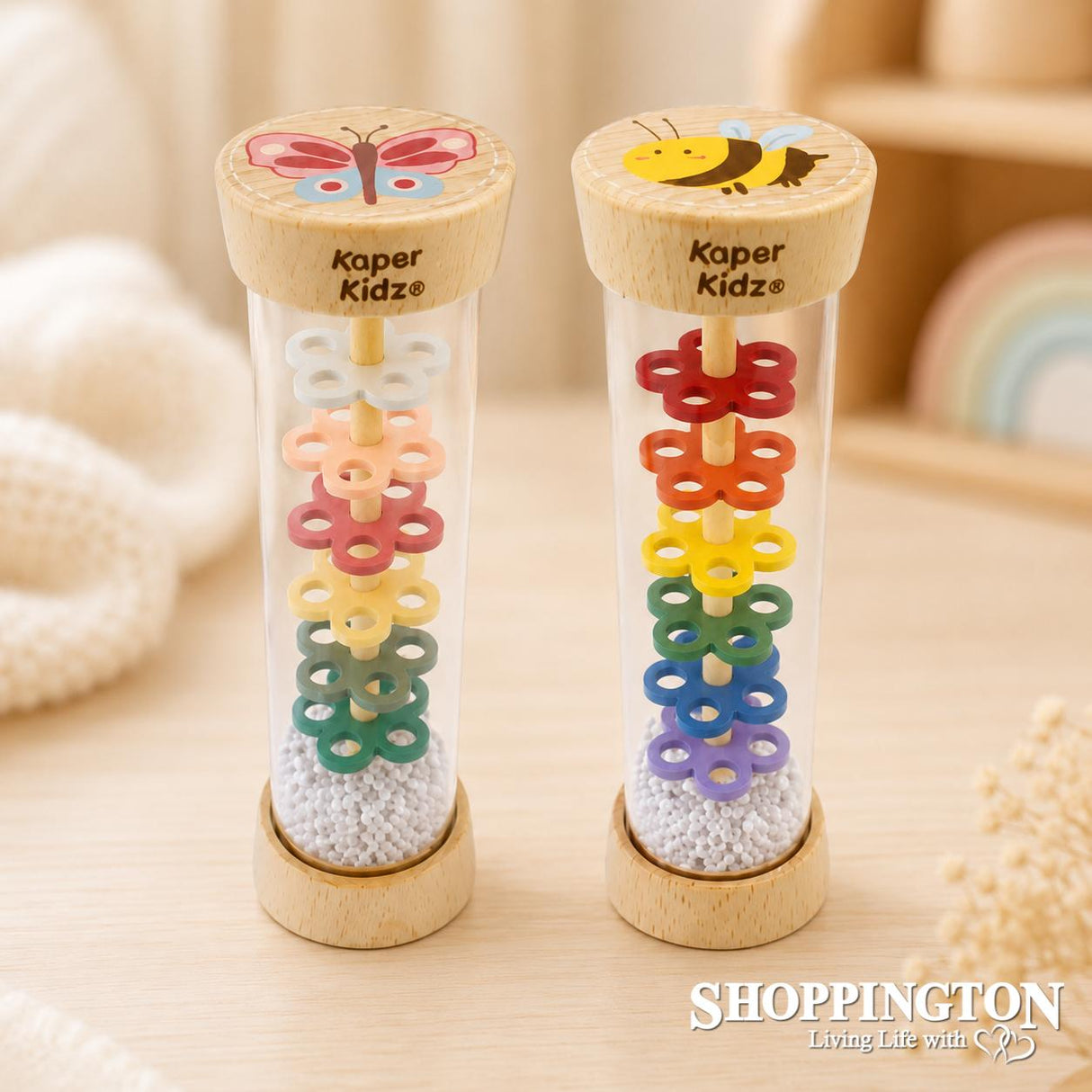 Wooden Rainmaker Rattle Bee & Butterfly