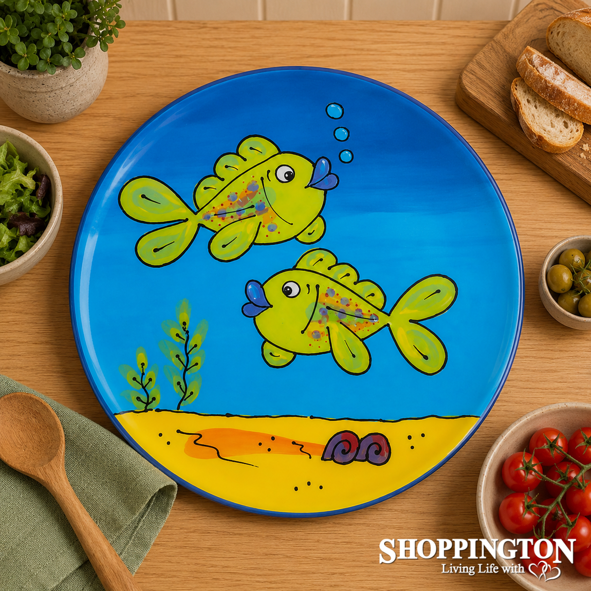 NZ Made Hand Painted - Salad Bowl Twin Green Fish