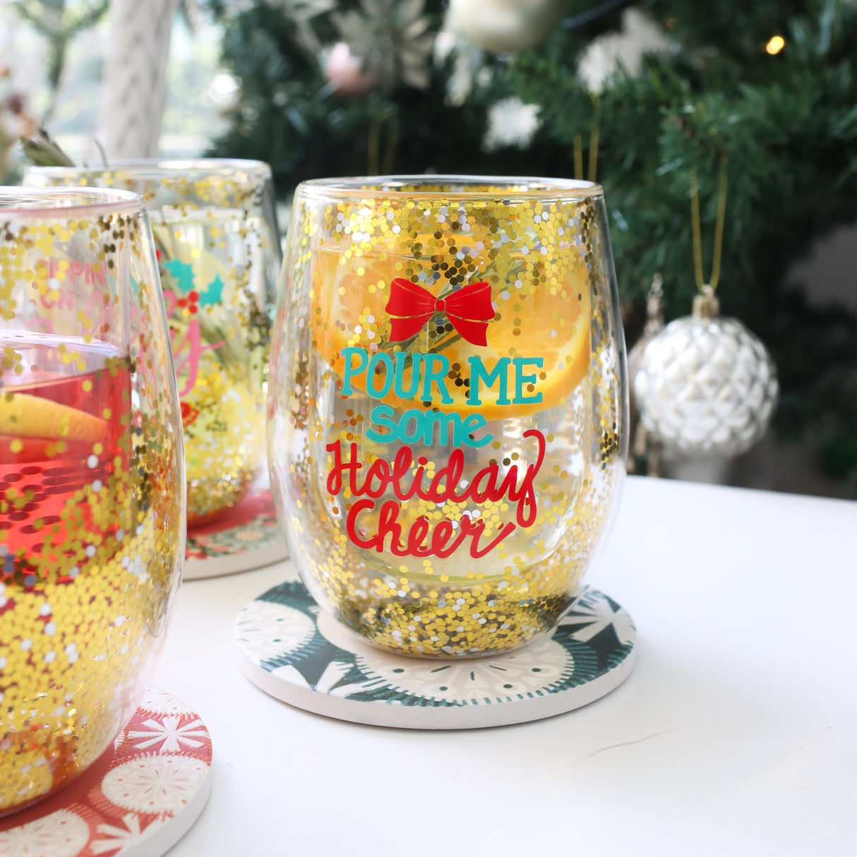 Stemless Glitter Wine Glass - Holiday Cheer