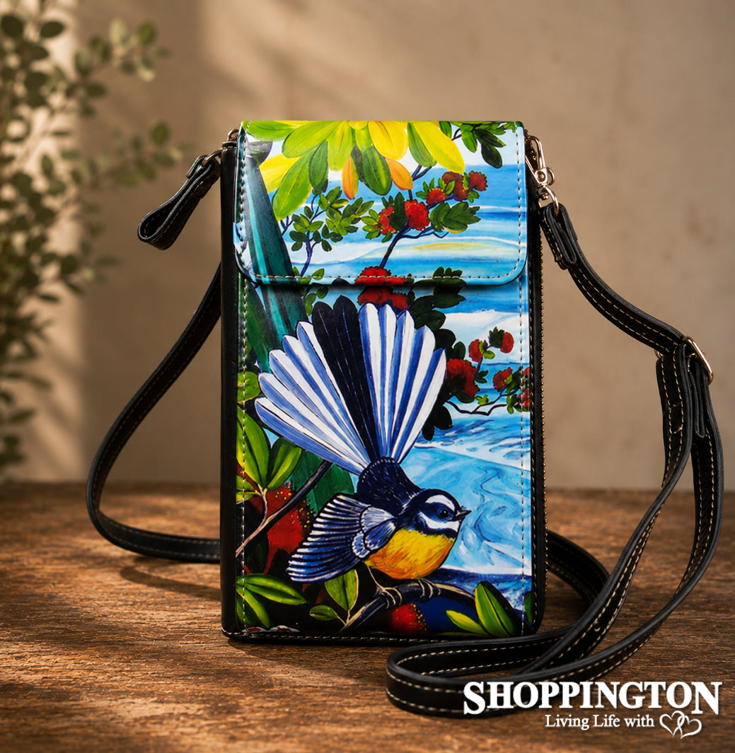 Leather NZ Print Cellphone Shoulder Bag - Ocean Fantail - Irina Velman