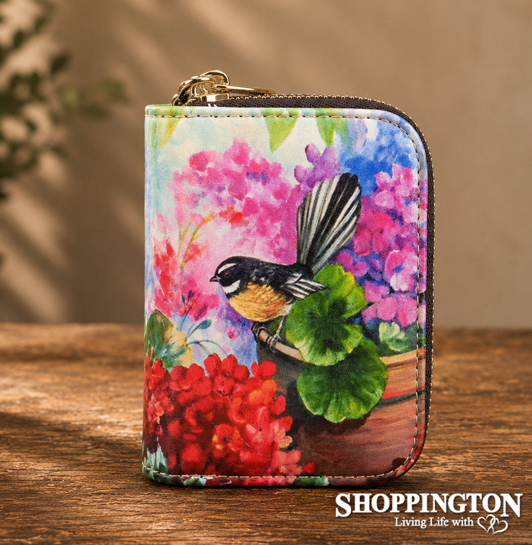 Leather NZ Print Card Wallet ND - Fantail Pink - Irene Velman