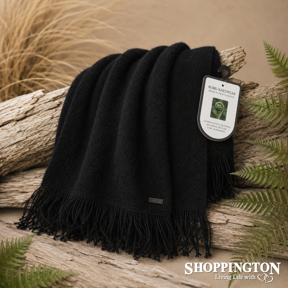 NZ Made Koru Knitwear - Possum Merino Scarf / Black