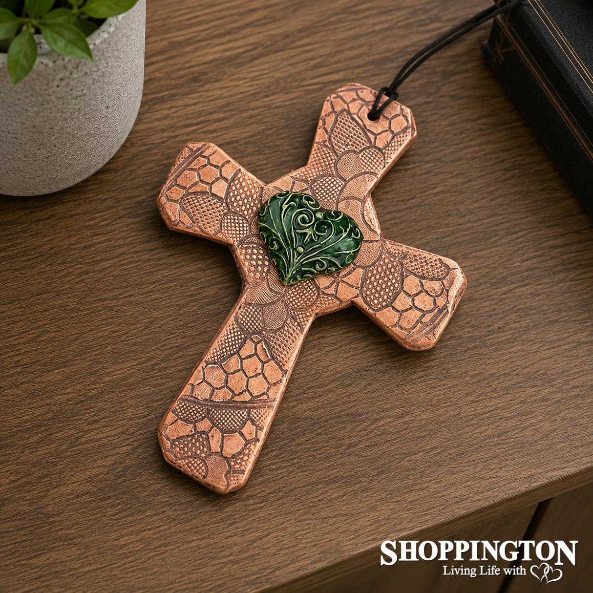 100% NZ Made Pottery / Green Filigree Heart Celtic Cross
