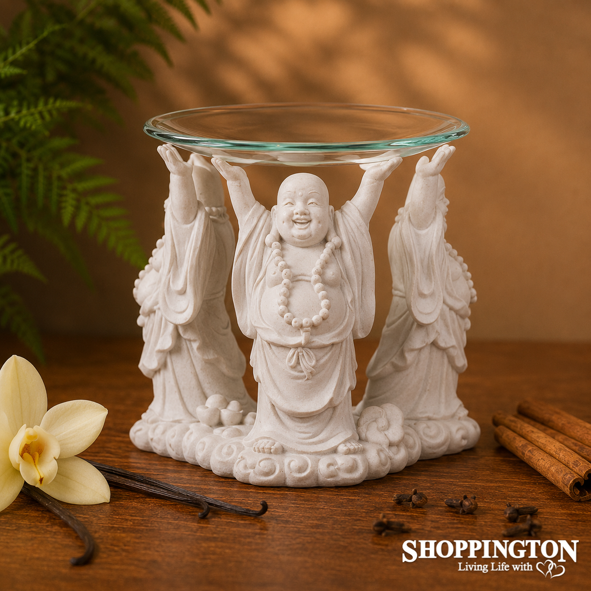White Laughing Buddha Oil & Wax Burner with Glass Dish