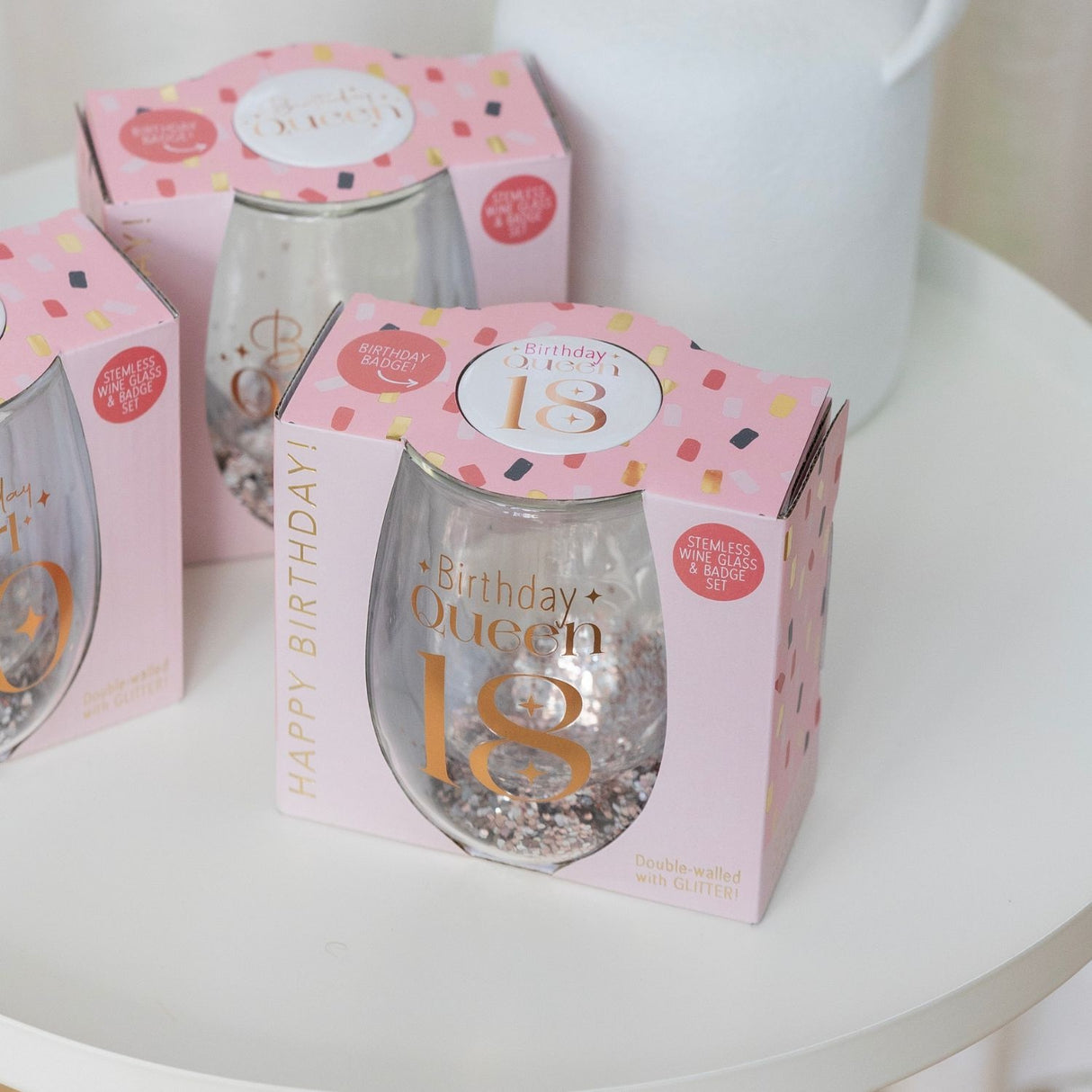 Stemless Glitter Wine Glass & Badge - 18th