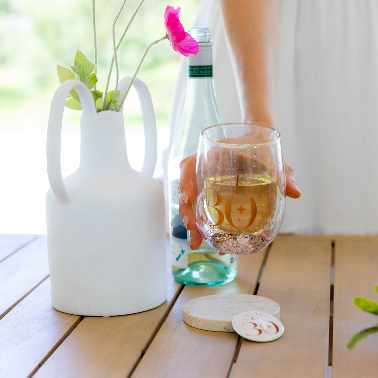 Stemless Glitter Wine Glass & Badge - 30th