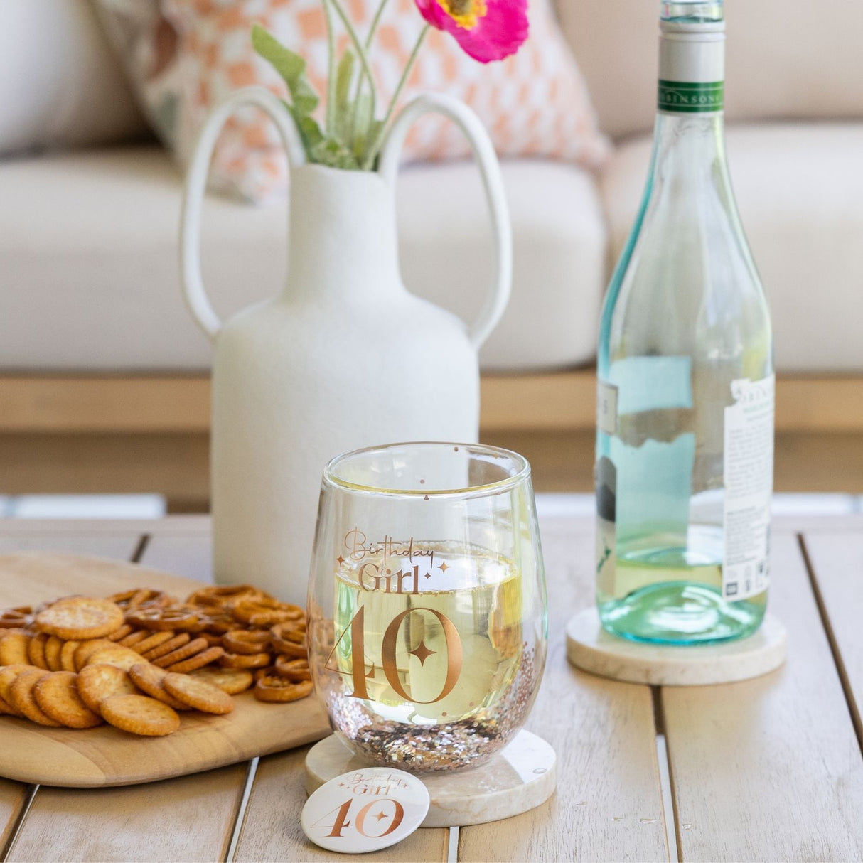 Stemless Glitter Wine Glass & Badge - 40th