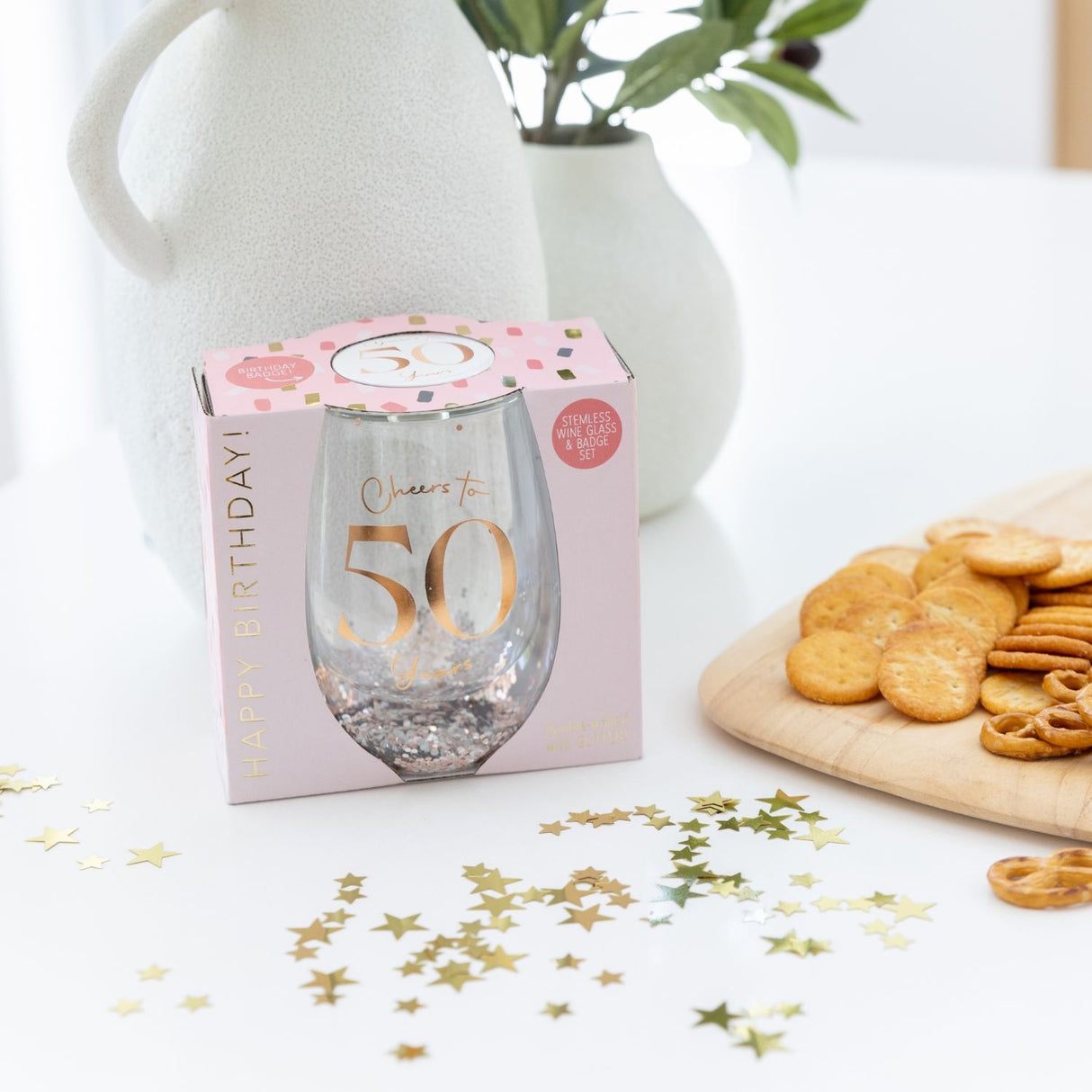 Stemless Glitter Wine Glass & Badge - 50th