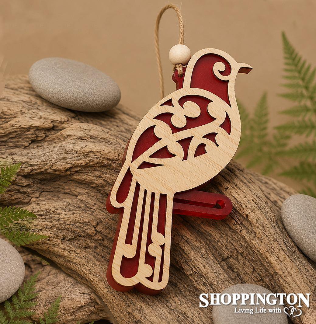100% NZ Made Hanging Ornament - Koru Tui RED