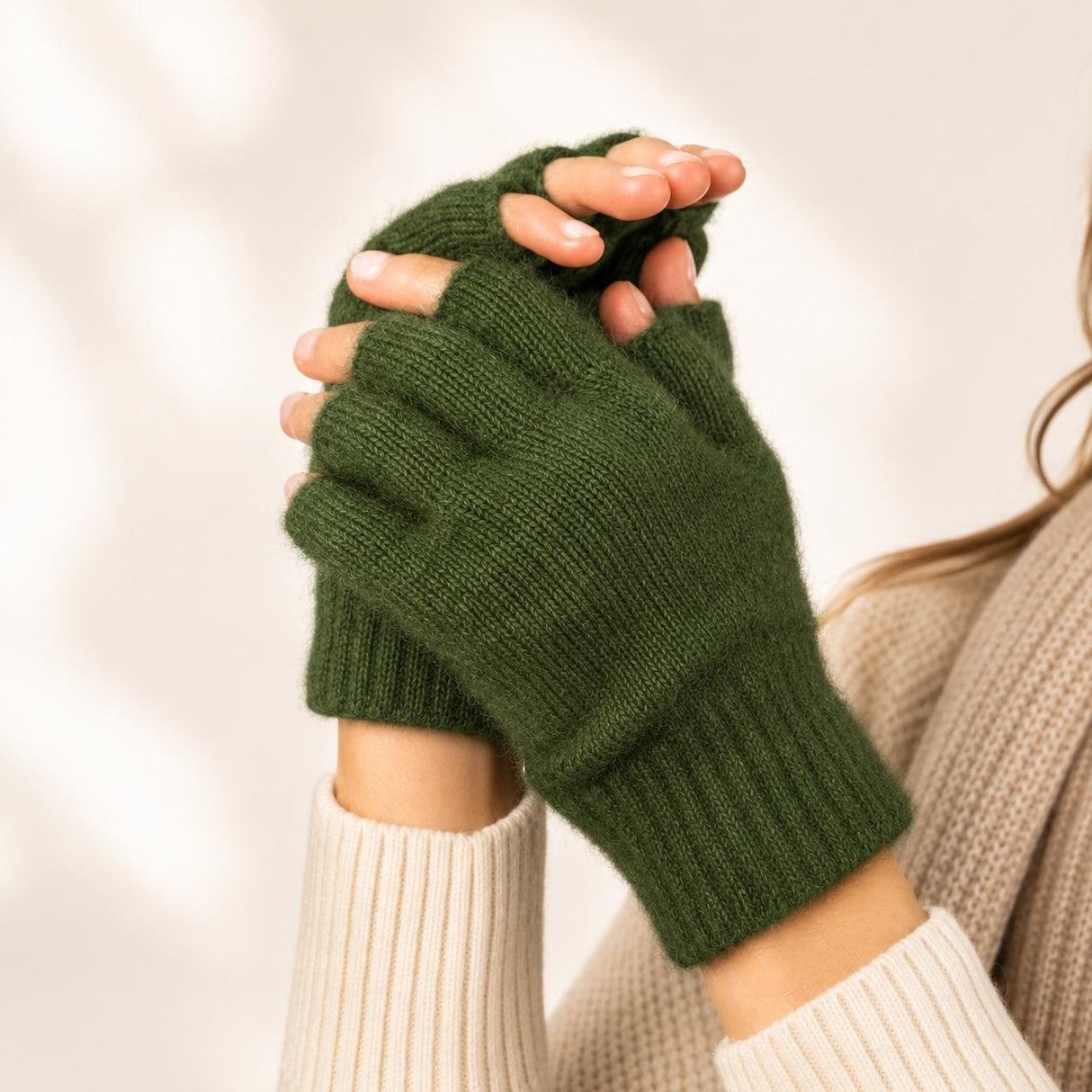 100% NZ Made Koru Knitwear - Possum Merino Fingerless Gloves / Moss