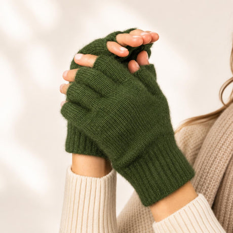 100% NZ Made Koru Knitwear - Possum Merino Fingerless Gloves / Moss