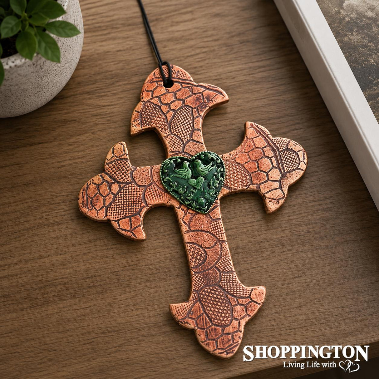100% NZ Made Pottery / Green Bird Heart Budded Cross