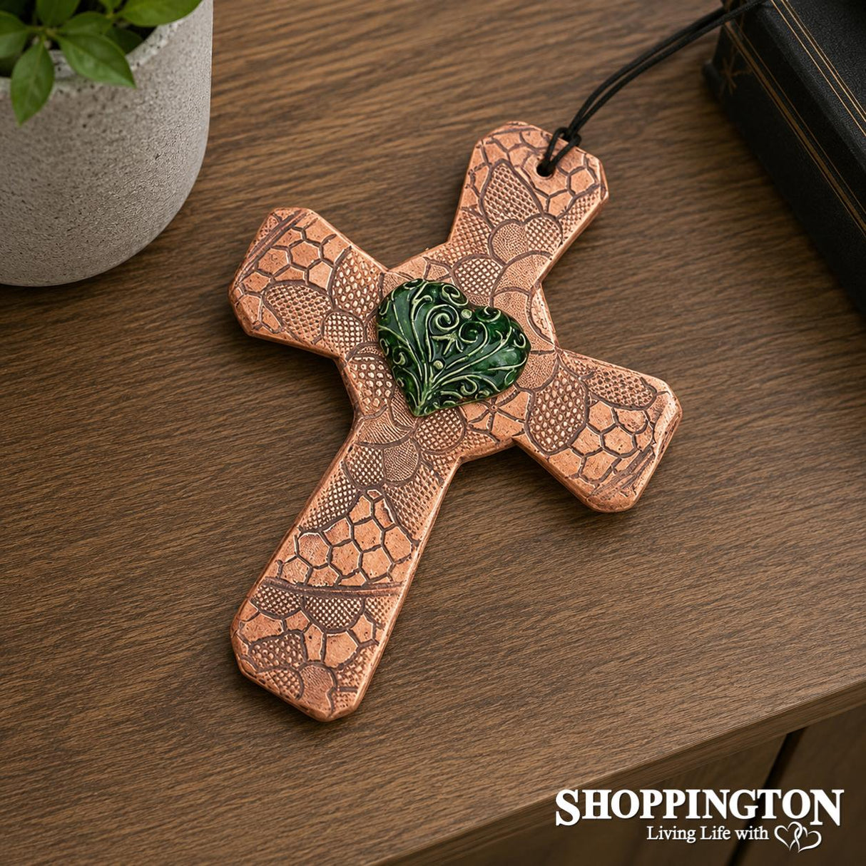 100% NZ Made Pottery / Green Filigree Heart Celtic Cross