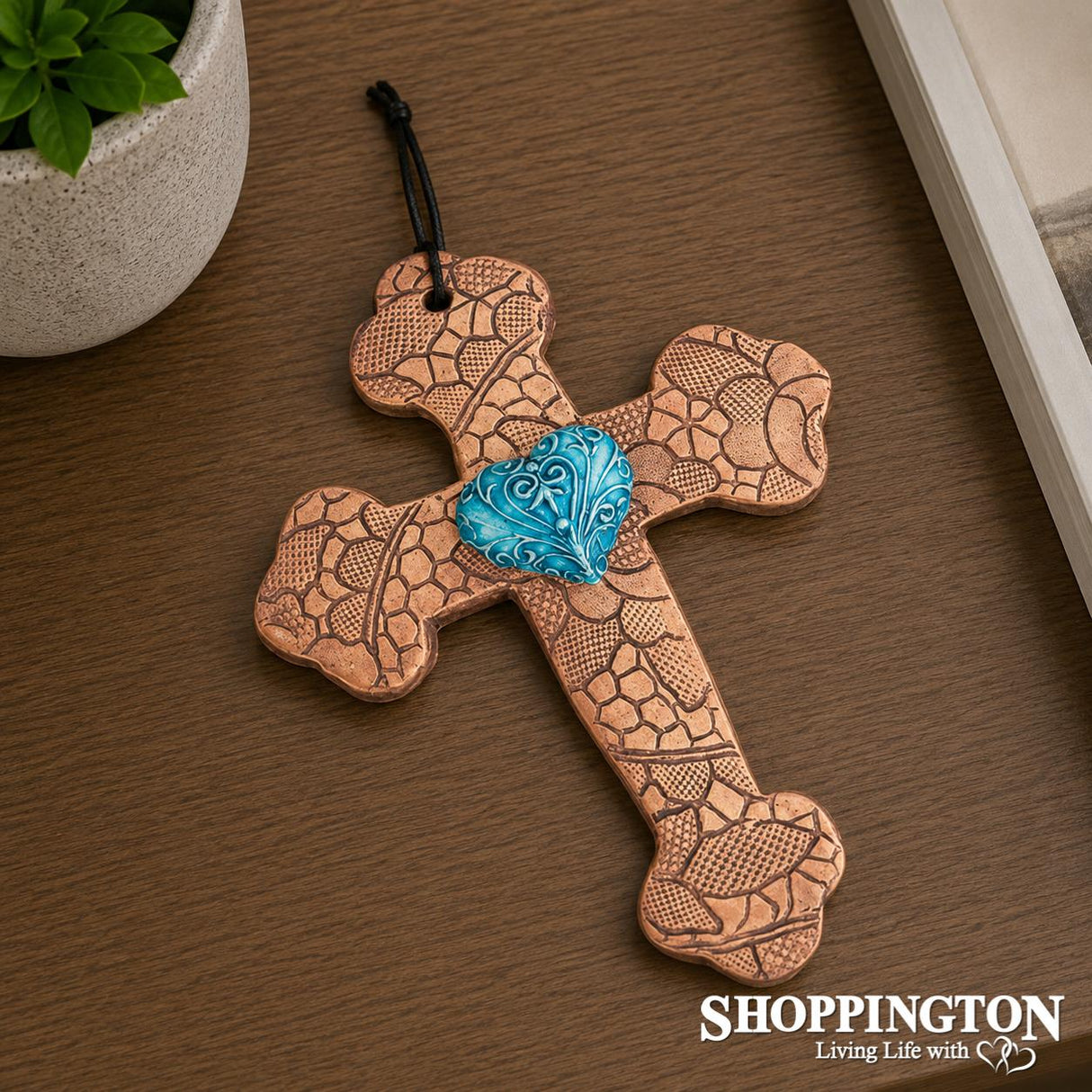 100% NZ Made Pottery / Turquoise Filigree Heart Budded Cross