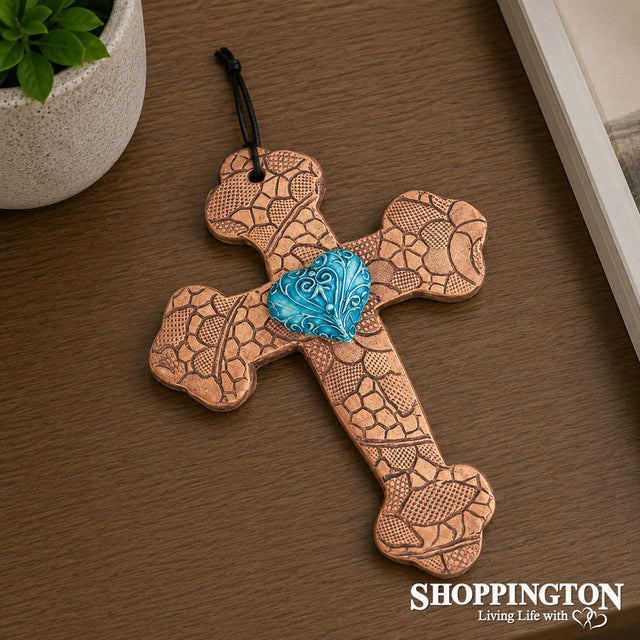 100% NZ Made Pottery / Turquoise Filigree Heart Budded Cross