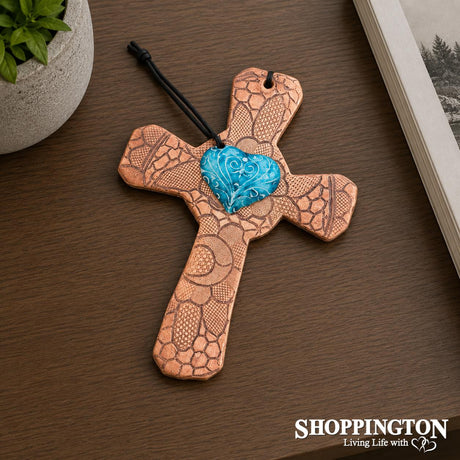 100% NZ Made Pottery /Turquoise Filigree Heart Celtic Cross