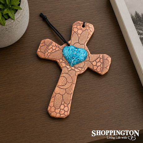 100% NZ Made Pottery /Turquoise Filigree Heart Celtic Cross