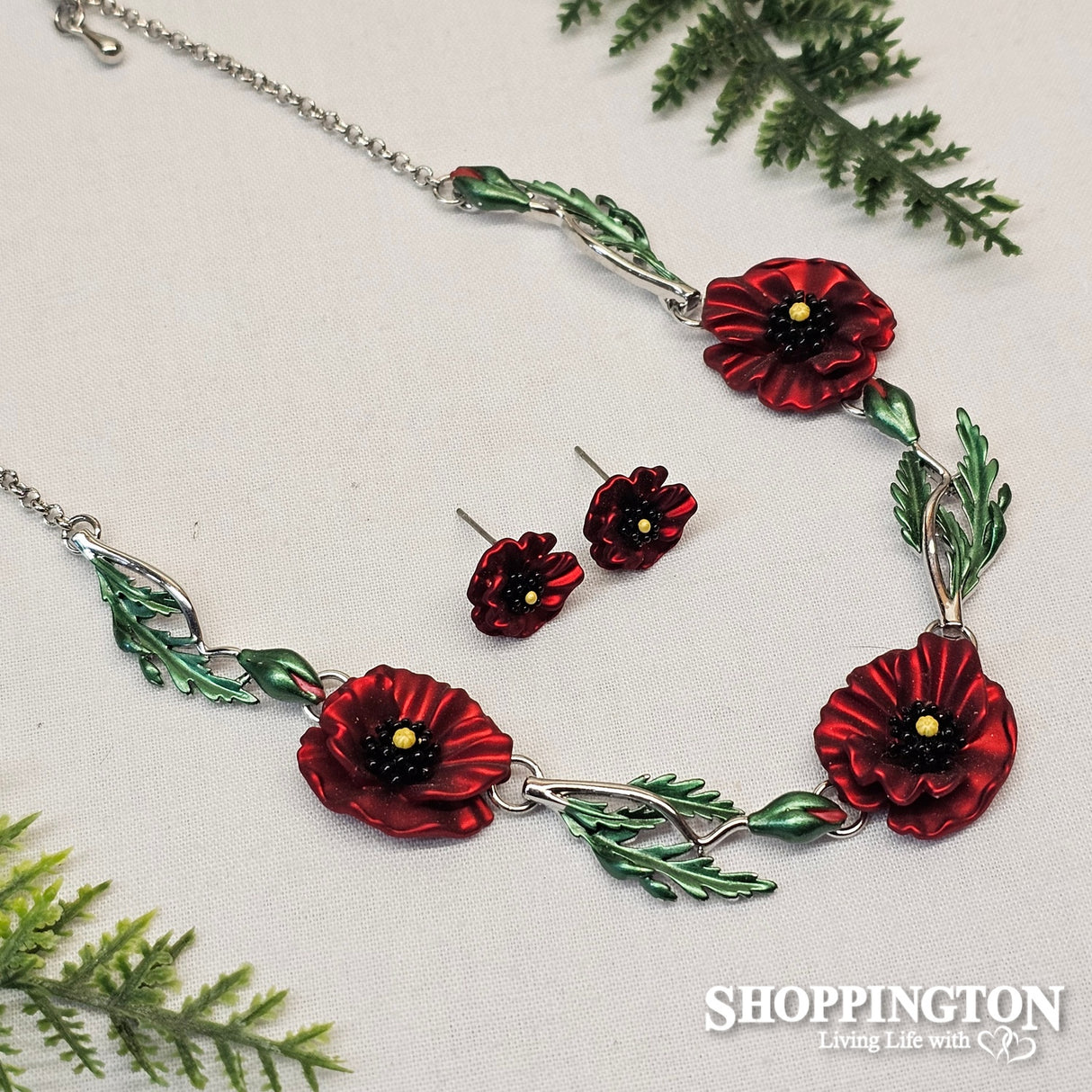 Necklace - Red Poppy & Leaves