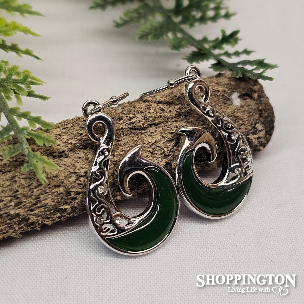 Earrings - Silver & Green Fish Hook