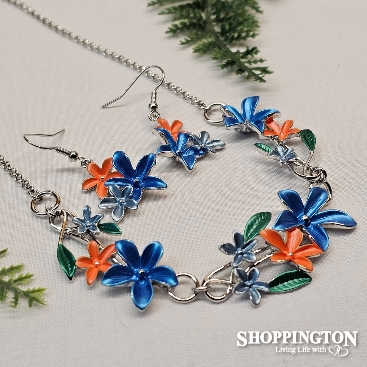 Necklace - Navy/Orange Flower Necklace & Earrings Set