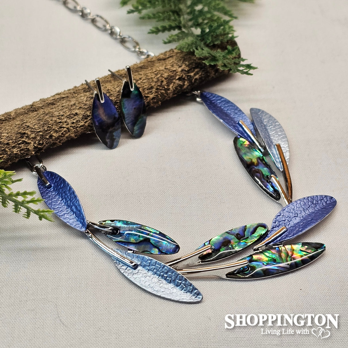 Necklace - Paua & Blue Leaves Necklace & Earrings Set