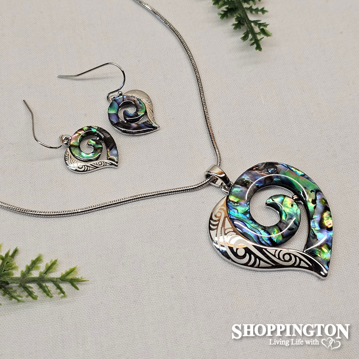 Necklace - Paua & Laser Engraved Koru Heart