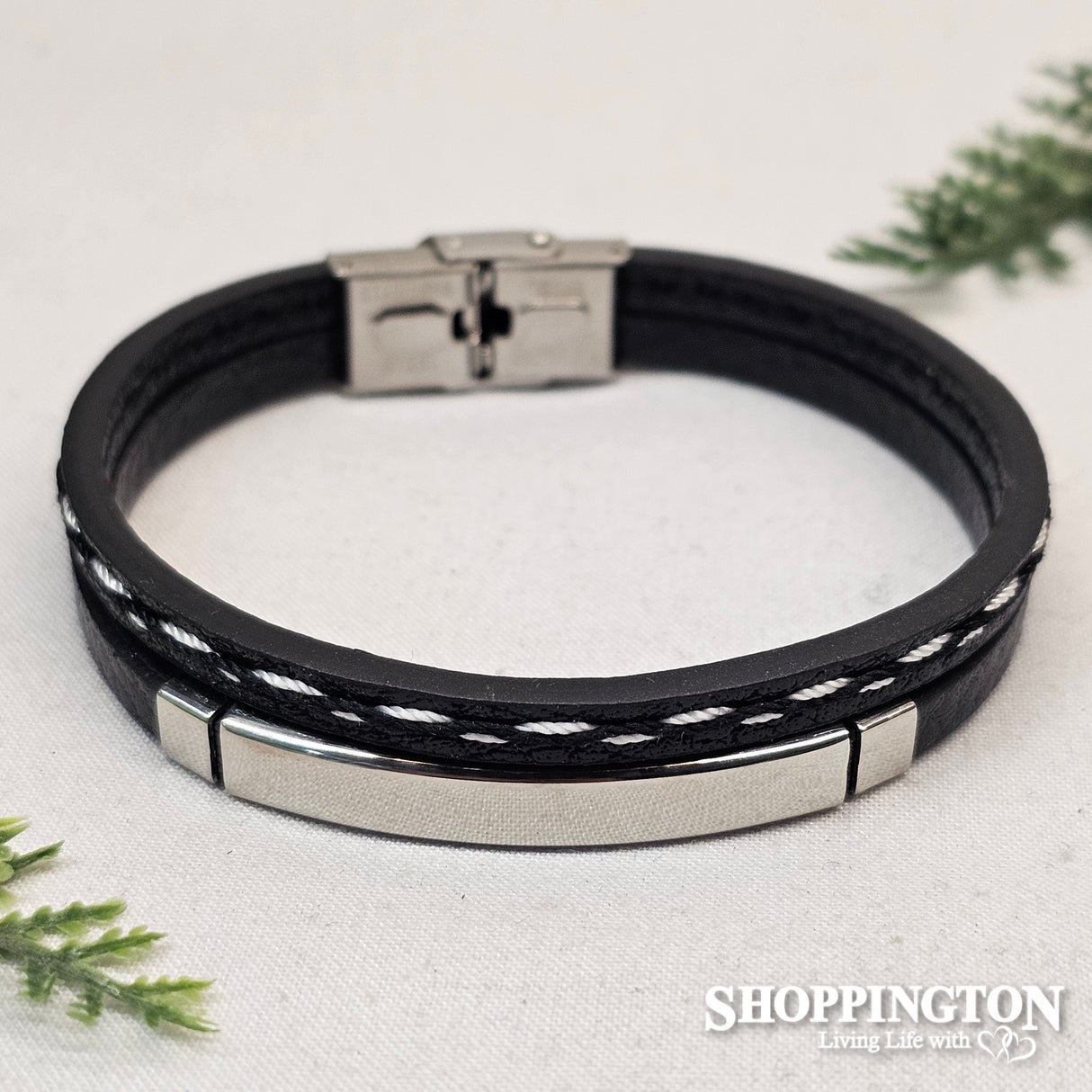 Men's Leather Double Bracelet with ID Plate