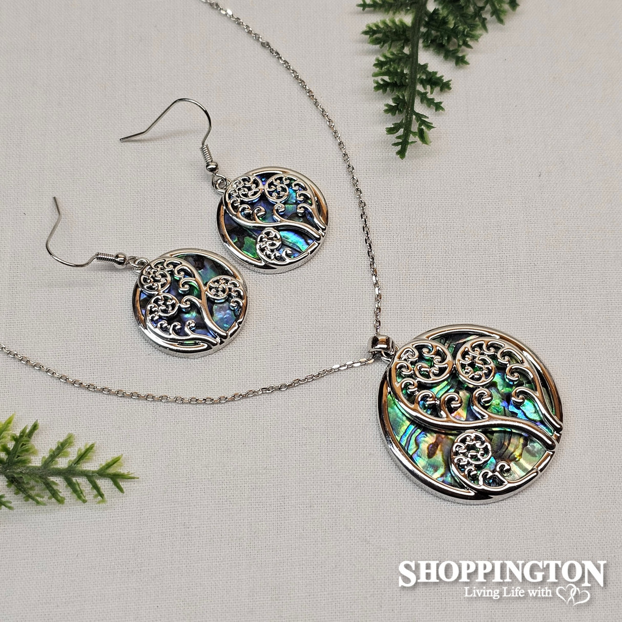 Necklace - Round Paua & Frond Set