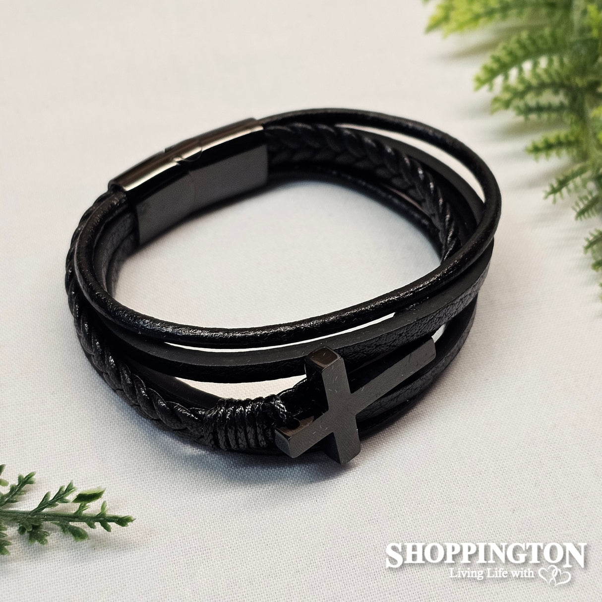 Men's Leather Five Strand Bracelet with Cross