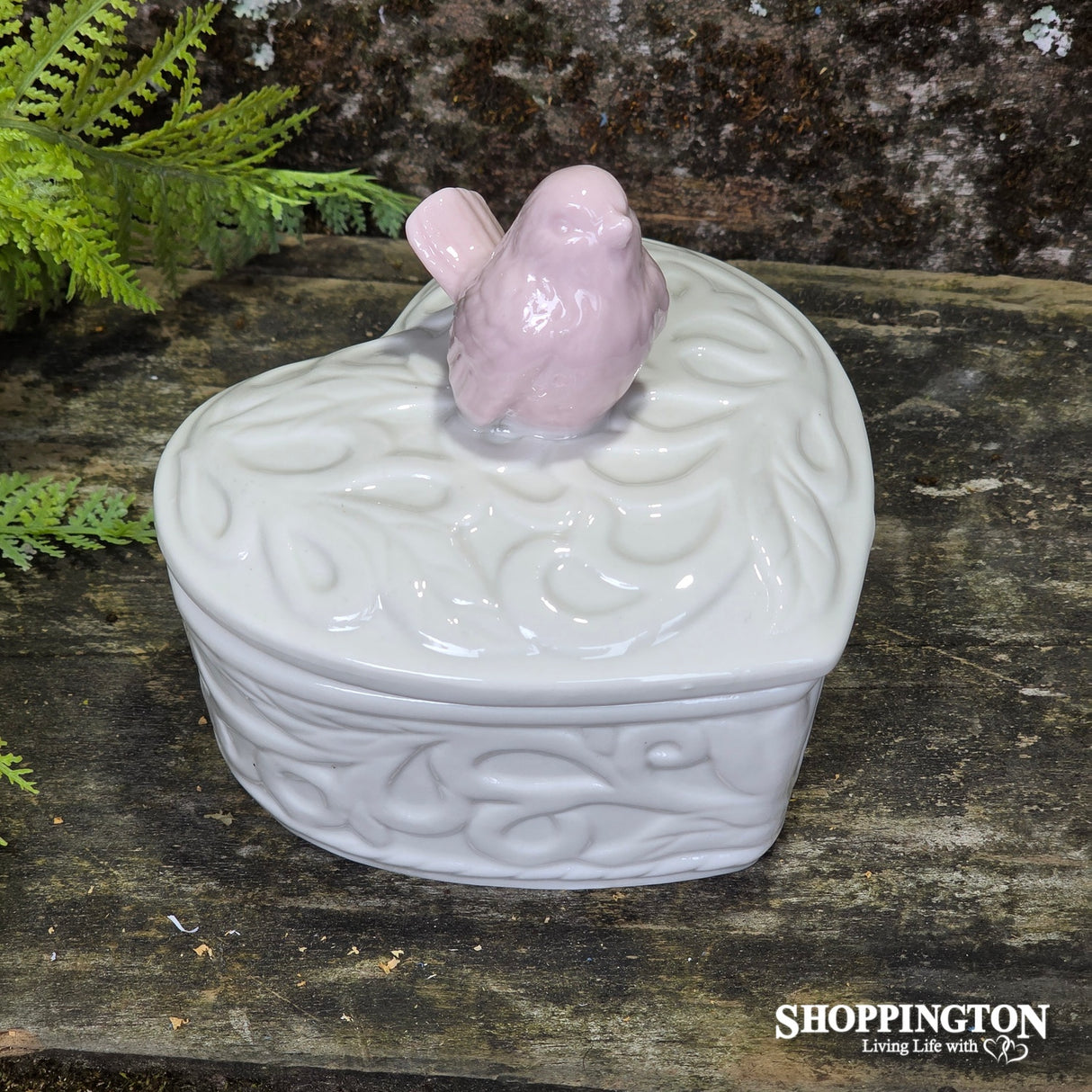 White Heart & Pink Bird Trinket Box