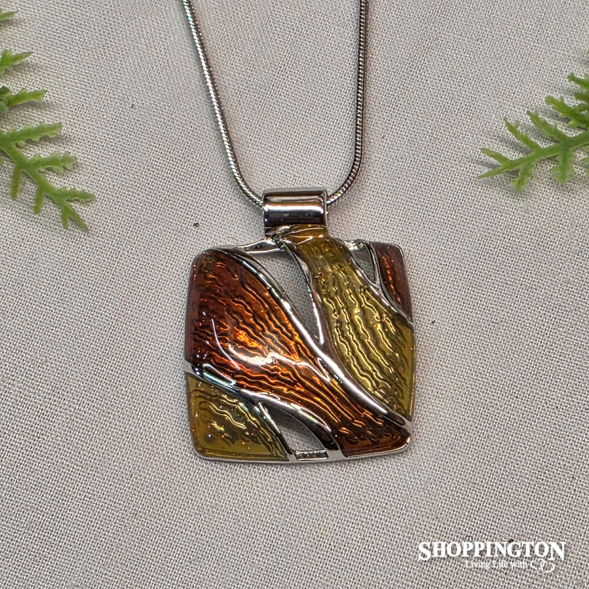 Necklace - Orange/Gold Enamel Wave Square