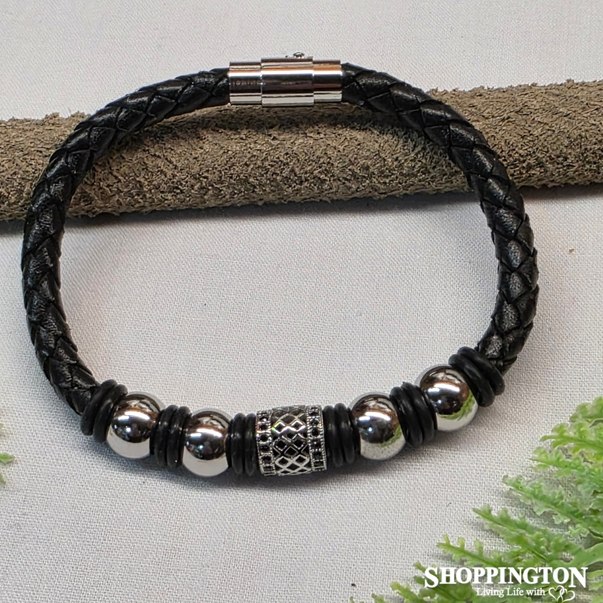 Bracelet - Leather Stainless Steel Silver Beads