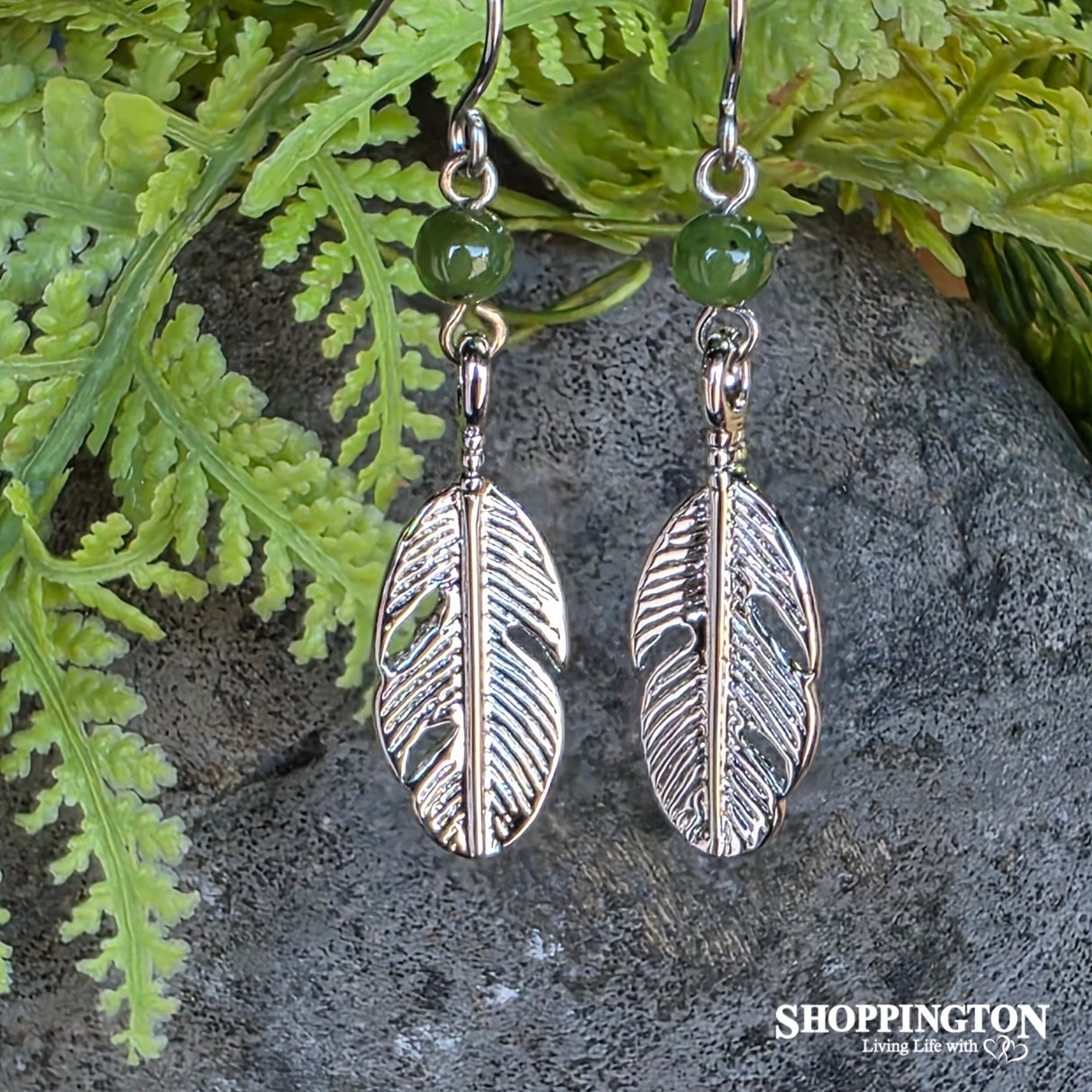 Earrings - Silver Feather & Greenstone