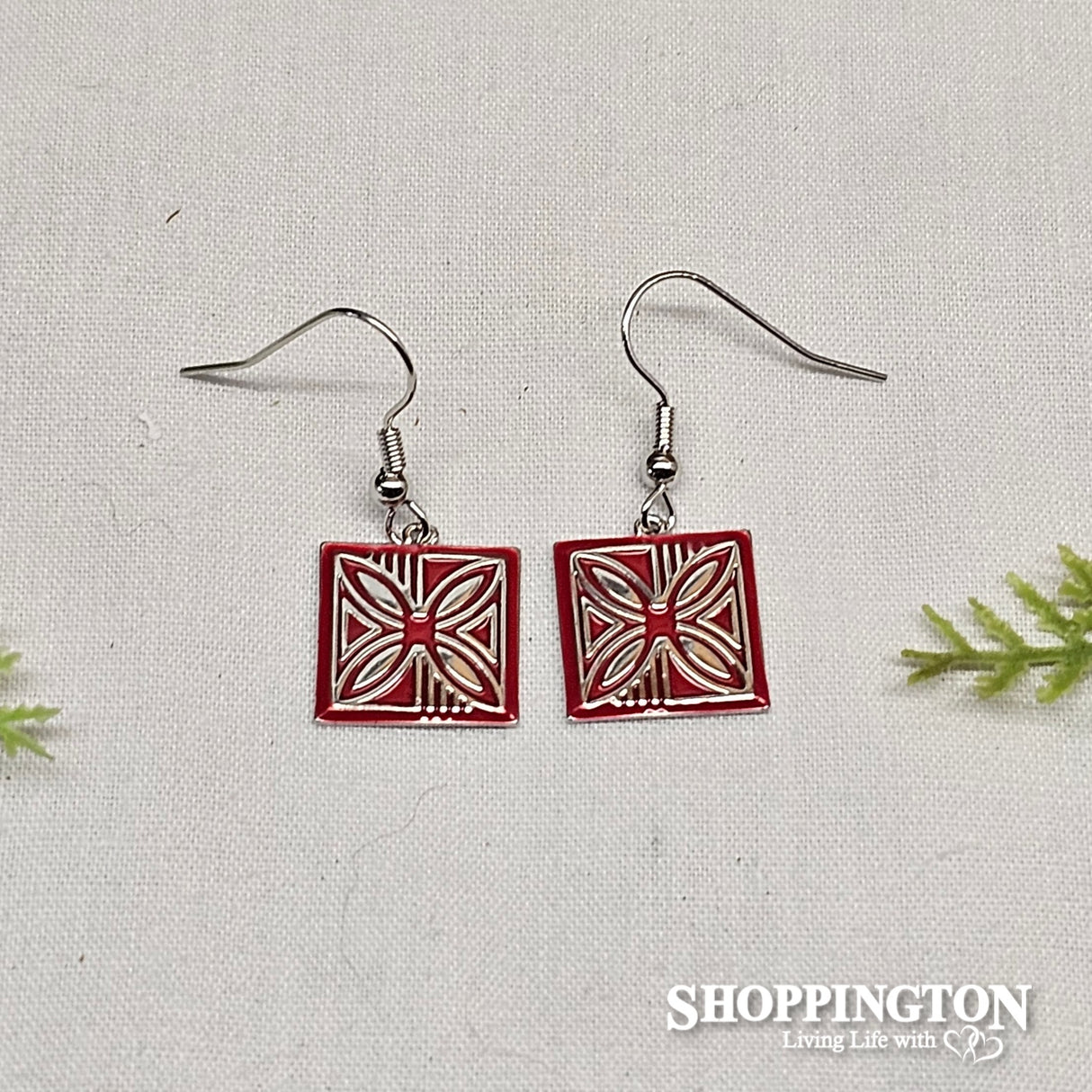 Earrings - Square Pasifika Pattern Red