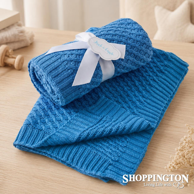 Blue Basket Weave Knit Baby Blanket