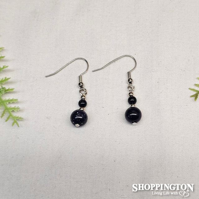 Blue Goldstone Double Bead Gemstone Earrings