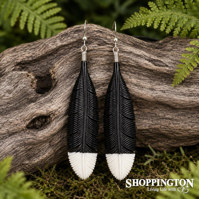 Bone Black Single Feathered Earrings 80mm