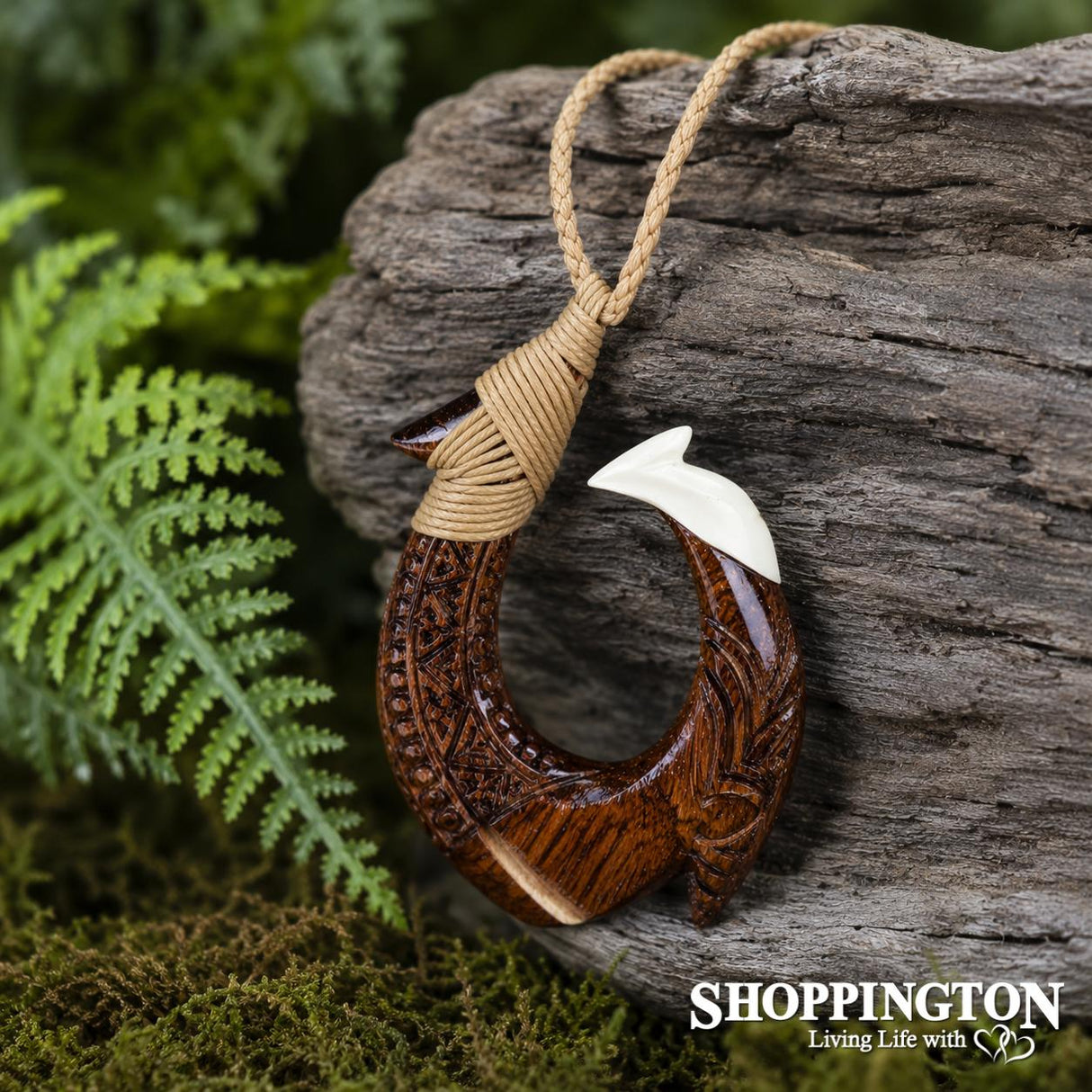 Bone and Wood Fish Hook Necklace